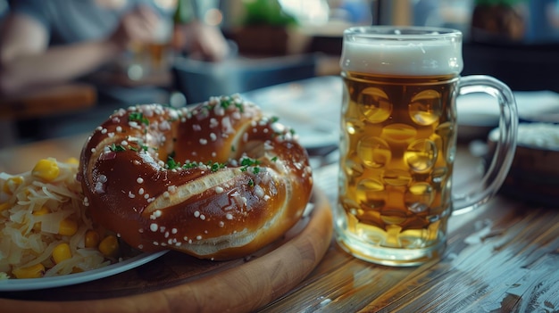 Weisswurst de pretzel macio e salsicha branca da Baviera feito de carne de vitela picada e carne de porco, xícara de bacon com cerveja, crauti ou mostarda de chucrute, almoço da Oktoberfest alemã