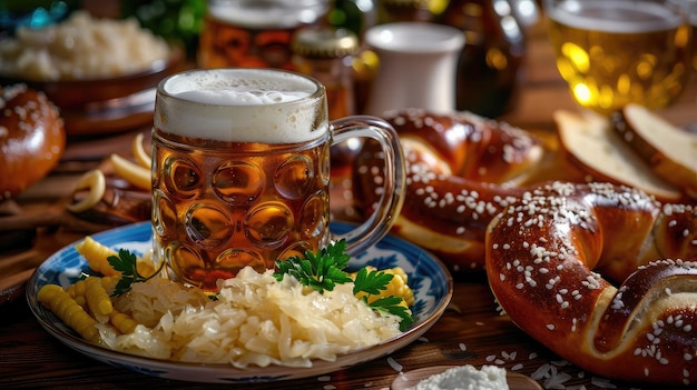 Weisswurst de pretzel macio e salsicha branca da Baviera feito de carne de vitela picada e carne de porco, xícara de bacon com cerveja, crauti ou mostarda de chucrute, almoço da Oktoberfest alemã