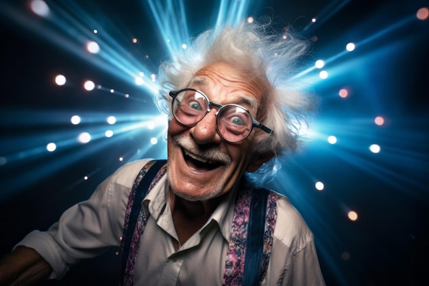 Weit lächelnd grauer Haare Großvater tanzt im Nachtclub glücklich fröhliches Senior-Konzept
