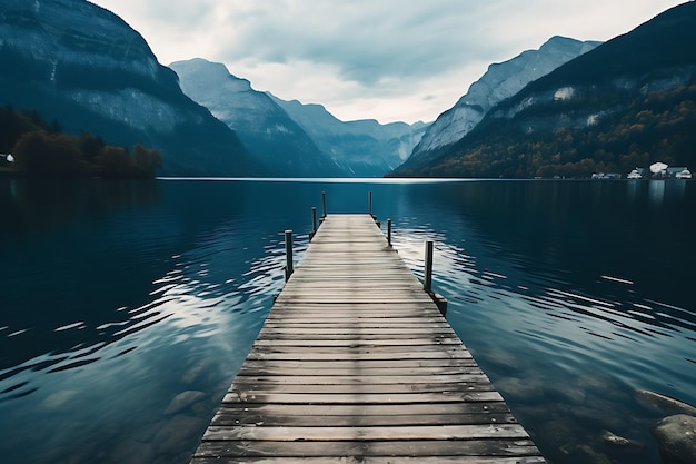 Weitblick auf den Holzsteg am See mit Blick auf die Berge