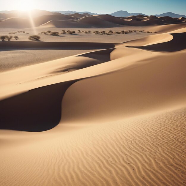 Weite Wüste mit Sanddünen und eine einsame Oase in der Ferne heiße Sonne und klarer blauer Himmel friedlich