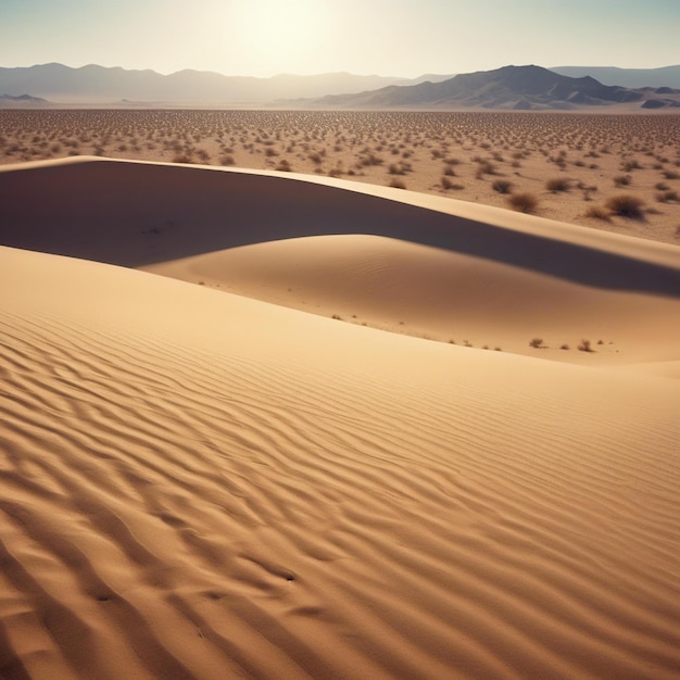 Weite Wüste mit Sanddünen und eine einsame Oase in der Ferne heiße Sonne und klarer blauer Himmel friedlich