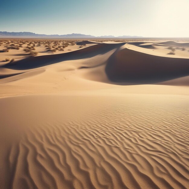 Weite Wüste mit Sanddünen und eine einsame Oase in der Ferne heiße Sonne und klarer blauer Himmel friedlich