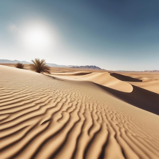 Weite Wüste mit Sanddünen und eine einsame Oase in der Ferne heiße Sonne und klarer blauer Himmel friedlich