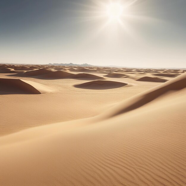 Foto weite wüste mit sanddünen und eine einsame oase in der ferne heiße sonne und klarer blauer himmel friedlich