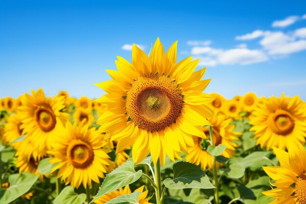 Weites Feld mit gelben Sonnenblumen, auf dem Sonnenblüten wachsen