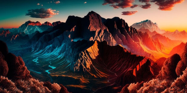 Weites Panorama einer Bergkette im Morgengrauen Generative KI
