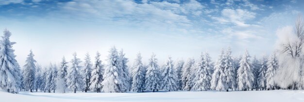 Weites Panorama von Pinien und Schneefeldern nach Schneefall im Winter