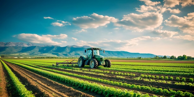 weitläufiger landwirtschaftlicher Bauernhof mit Feldern voller Getreide, Traktoren und Maschinen, die an der Nahrungsmittelproduktion für eine wachsende Bevölkerung beteiligt sind