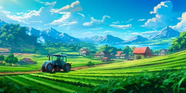 Foto weitläufiger landwirtschaftlicher bauernhof mit feldern voller getreide, traktoren und maschinen, die an der nahrungsmittelproduktion für eine wachsende bevölkerung beteiligt sind