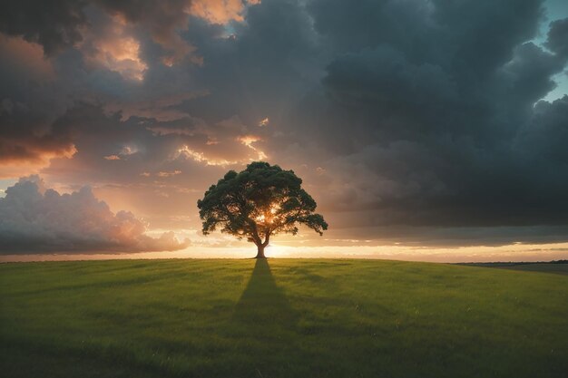 Weitwinkel-Aufnahme eines einzelnen Baumes, der unter einem bewölkten Himmel während eines Sonnenuntergangs umgeben von Gras wächst