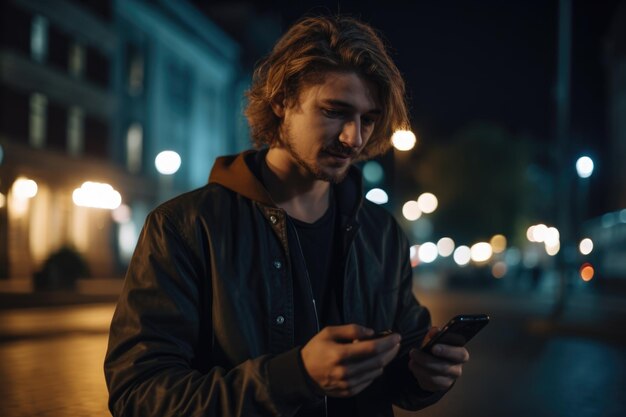 Weitwinkel-Aufnahme eines jungen kaukasischen Mannes in modischer Kleidung mit Mobiltelefon mit Hintergrund einer städtischen Stadtstraße in der Nacht Generative KI AIG18