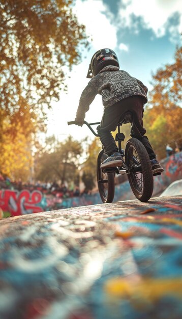 Foto weitwinkel-aufnahme eines jungen radfahrers, der in stilvollen graffiti-mustern gekleidet entlang einer farbenfrohen straße fährt und den geist des abenteuers und der städtischen sportkultur inmitten eines lebendigen stadtlandschafts einfängt.