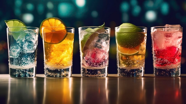Weitwinkel-Aufnahme von links nach rechts 5 Cocktail-Aufnahmen Hintergrundillustration