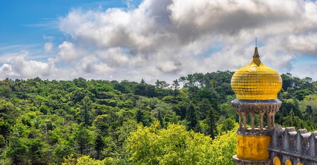 Foto weitwinkel-aussicht auf den wachturm mit der mit gelben fliesen geschmückten kuppel des pena-palastes