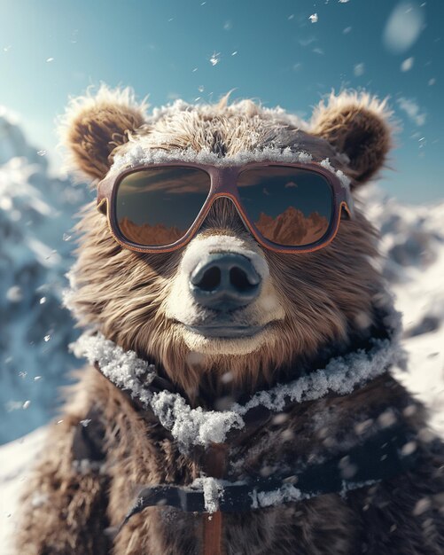 Weitwinkel-Selfie eines niedlichen Bären beim Snowboarden in Schnee-Sonnenbrillen vor einem Schnee-Hintergrund