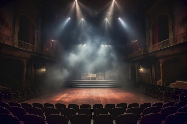 Weitwinkelansicht der Bühne mit dramatischer Beleuchtung und Nebel, die mit generativer AI erzeugt wurden