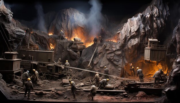 Weitwinkelansicht im Dioramamaßstab einer Gruppe von Bergleuten, die in einer Goldmine arbeiten