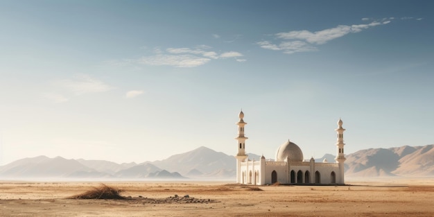 Weitwinkelaufnahme einer Moschee im abgelegenen Wüstenreligionskonzept