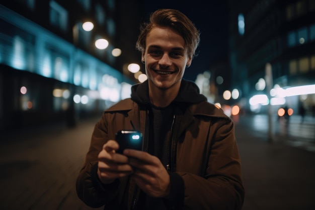 Weitwinkelaufnahme eines jungen kaukasischen Mannes in trendiger Kleidung, der sein Mobiltelefon benutzt, mit Hintergrund einer städtischen Stadtstraße bei Nacht. Generative KI AIG18