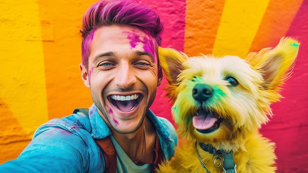 Weitwinkelaufnahme Vorderansicht glücklicher lächelnder Junge selfie mit einem Hund in voller leuchtender Farbe