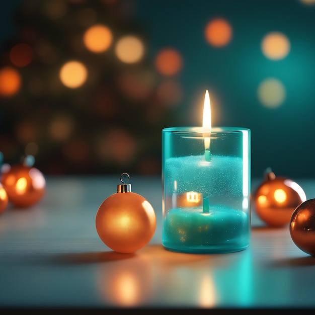 Weitwinkelporträt eines minimalistischen Acryltisches mit einer Kerze im Glasgefäß Weihnachtsdekoration