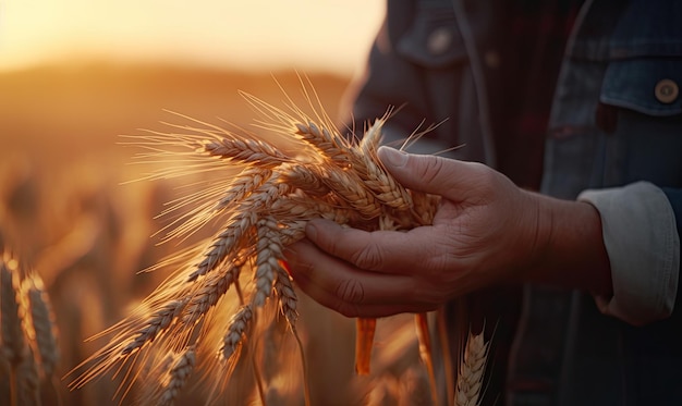 Weizenbauern bewundern die goldene Ernte, für die er hart gearbeitet hat, indem er generative KI-Werkzeuge verwendet.