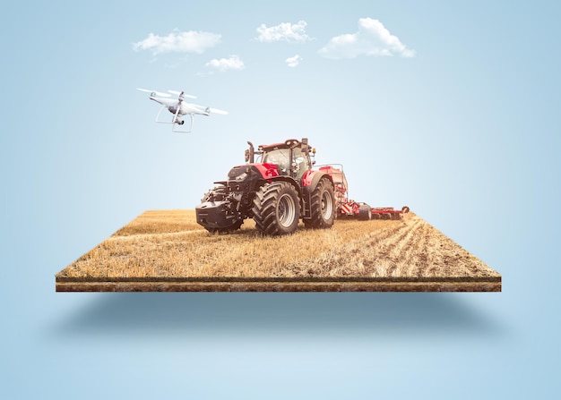 Weizenfarm mit Ernte-Traktor im Weizenfeld Smart Farming-Konzept-Designstück