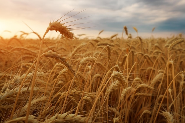 Weizenfeld bei Sonnenuntergang Schöne Landschaft am Abend Weizen Ährchen werden gelb Magische Farben des Sonnenuntergangs Licht