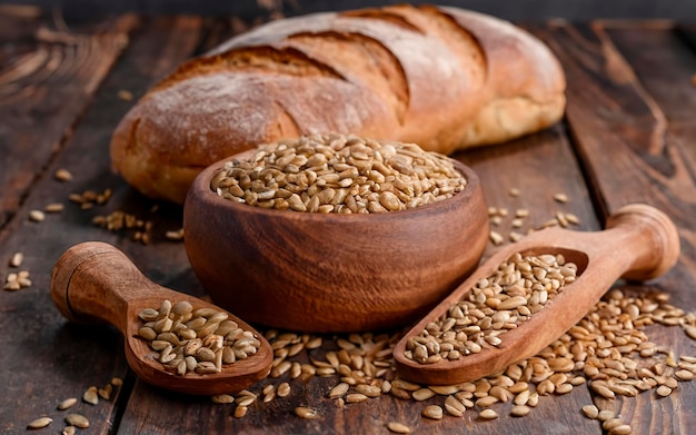 Weizenkorn, der Hauptbestandteil des Brotes, gefüllt mit einer hölzernen Schüssel und einer hölzernen Rustikalschüssel