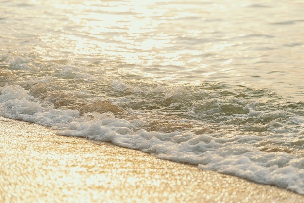 Welle am Sandstrand im Sonnenuntergang