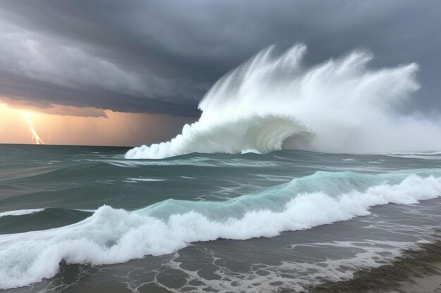 Foto welle, die mit dem schaumigen wasser und spray auf das ufer stürzt und ein abstraktes chaos erzeugt