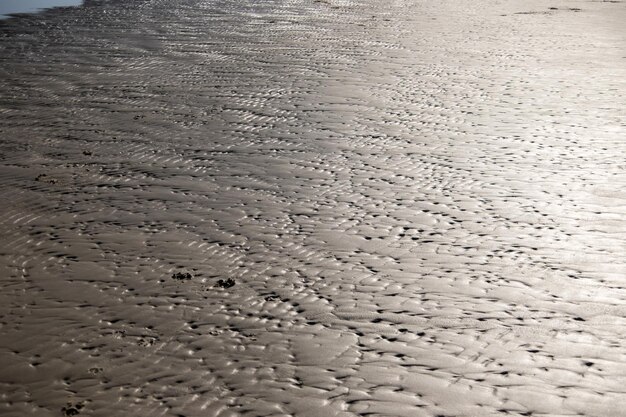 Wellen auf dem hellen Sand eines Strandes am Mittag