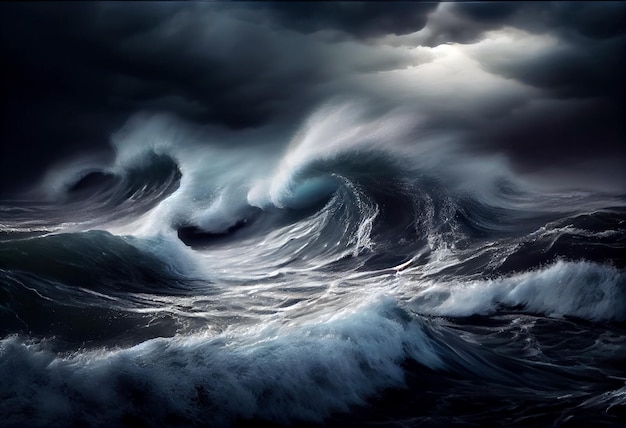 Wellen kräuseln sich und brechen während des Zyklons mit stürmischem Himmel Realistische Darstellung Generative ai