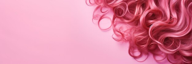 Wellenartige Textur gesunder, farbiger, lockiger, rosa Haare, isoliert auf rosa Hintergrund, Banner ai generativ