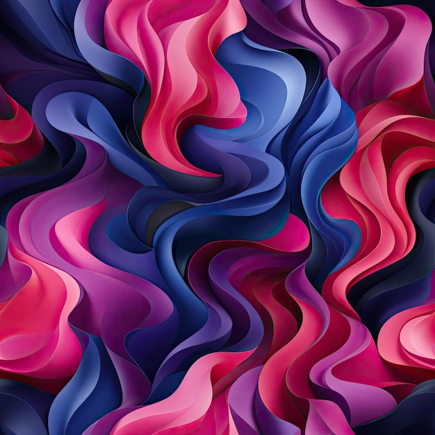 Wellenförmiges abstraktes Muster in Rot, Blau und Lila mit gemischten realistischen und fantastischen Elementen