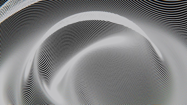 Wellenförmiges Punktmuster in tiefblauen Tönen auf einem dunklen Hintergrund, das ein abstraktes futuristisches Design mit einem Gefühl von Tiefenbewegung und optischer Illusion erzeugt