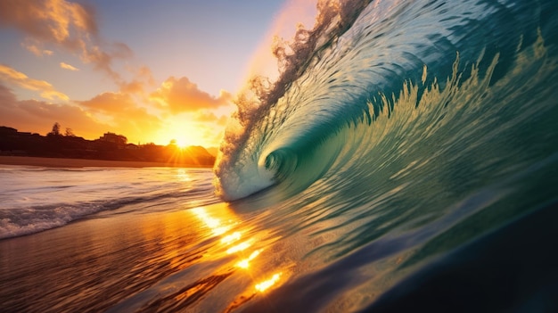 Wellenkamm bei Sonnenuntergang Der perfekte Ort zum Surfen auf Hawaii Das Konzept, Touristen nach Hawaii zu locken