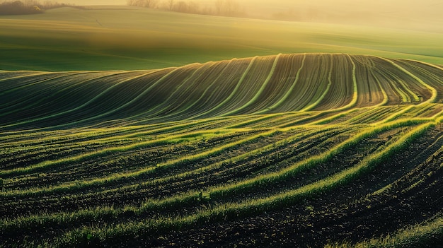 wellige Felder mit Zeilen von Winterfrüchten im Frühling am Abendhimmel