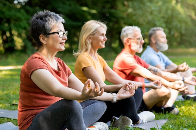 Wellness-Konzept-Gruppe lächelnder Senioren, die gemeinsam im Freien meditieren