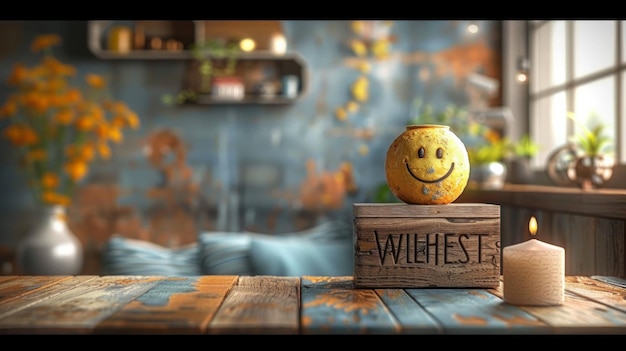Wellness-Konzept mit Wellness-Wort auf einem Holzwürfel lächelndes Gesicht Emoji Ladung Glück, das Wohlbefinden und geistige Gesundheit symbolisiert Perfekt für Entspannung Inhalt KI Generativ