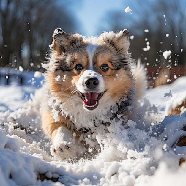 Welpe, der an einem Wintertag im Schnee spielt