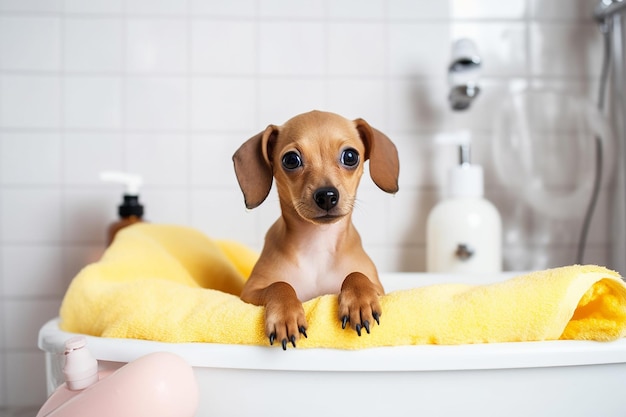 Welpe in der Badewanne mit gelben Handtüchern beim Duschen