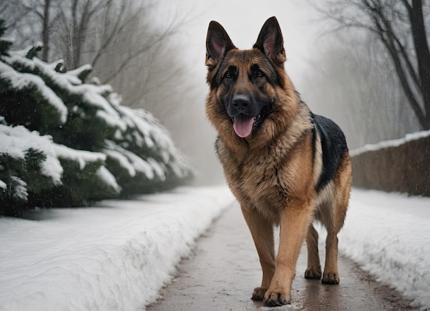 Welpenrasse Deutscher Schäferhund geht im Winterpark spazieren