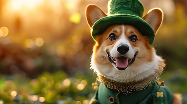 Foto welsh corgi-hund in einem grünen klingel-kostüm