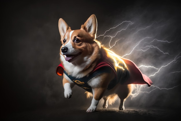 Welsh Corgi Pembroke em fantasia de super-herói em fundo escuro Generative AI