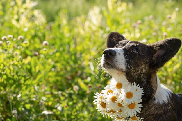 Welsh corgi Pembroke Um cão puro-sangue com flores brancas Animais de estimação