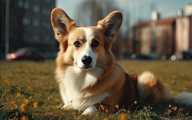 Foto welsh corgi está sentado en la hierba en el parque profesional de publicidad post foto ai generado