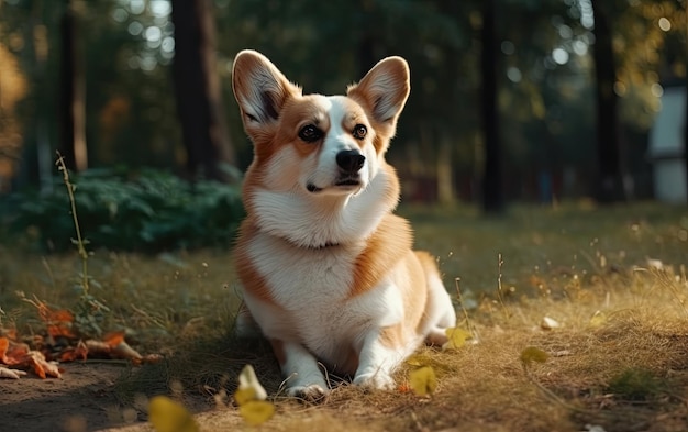 Foto welsh corgi está sentado en la hierba en el parque profesional de publicidad post foto ai generado