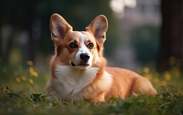 Welsh Corgi sitzt auf dem Gras im Park.